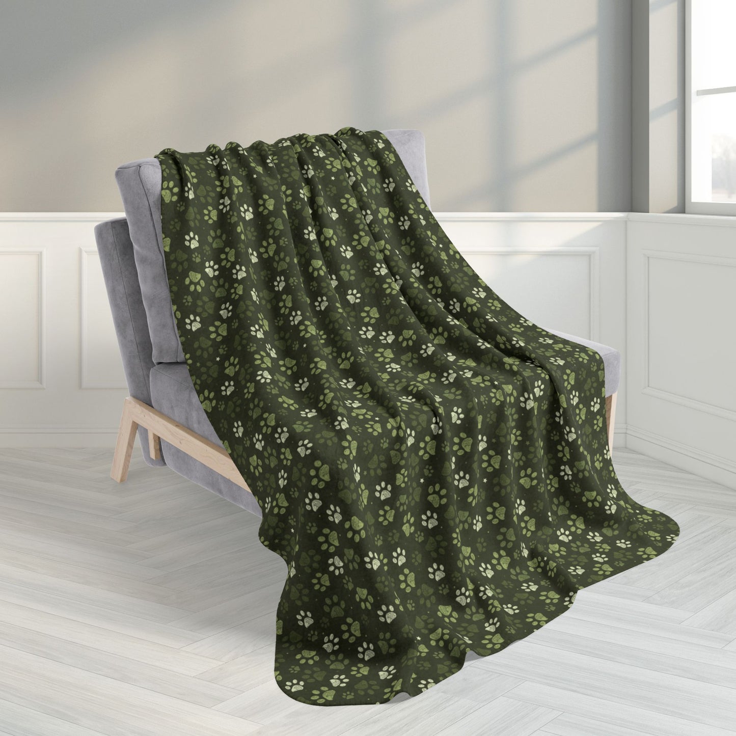 50" × 60" Olive Green Paw Prints Fleece Sherpa Blanket