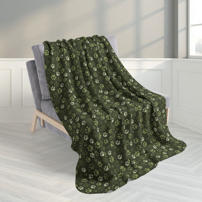 50" × 60" Olive Green Paw Prints Fleece Sherpa Blanket