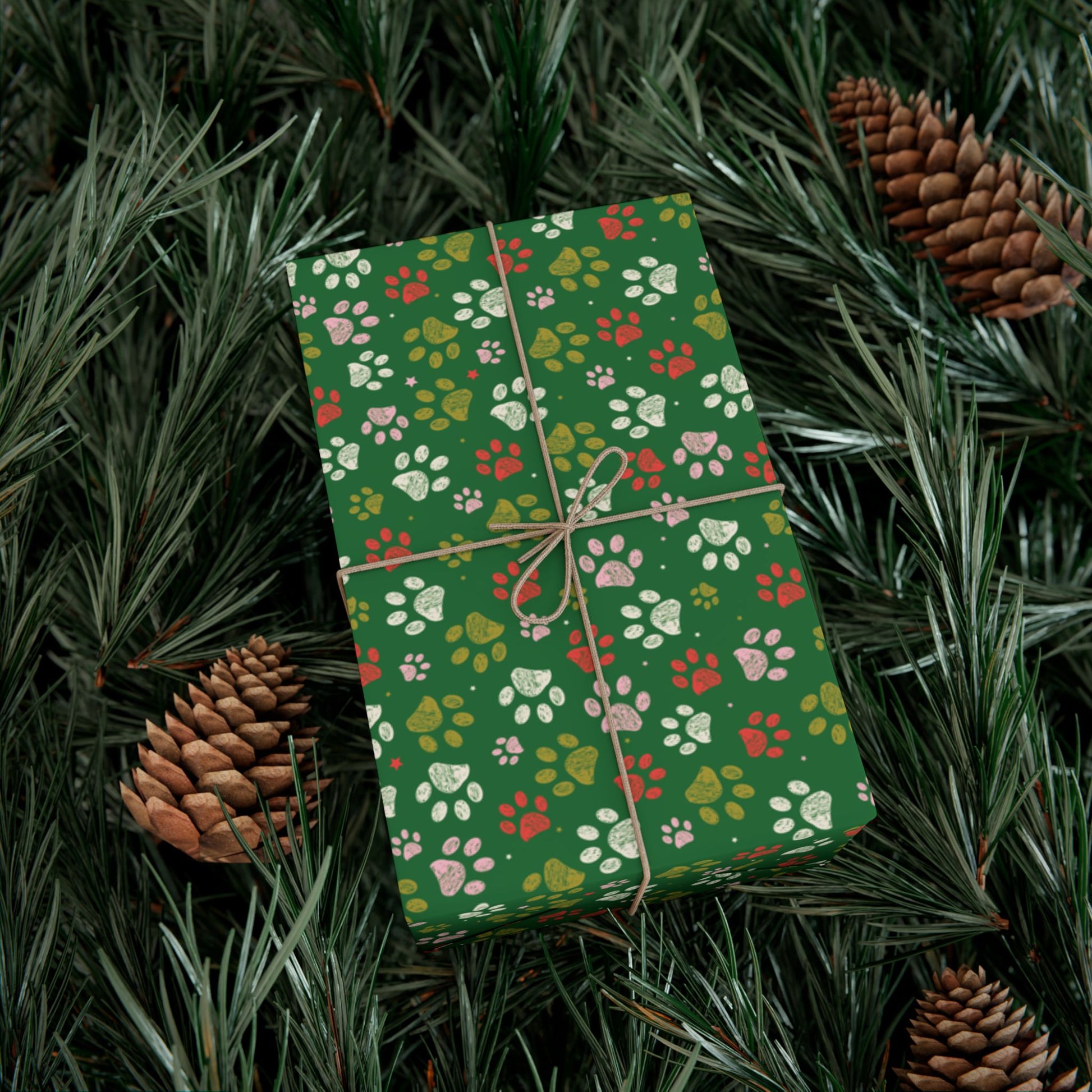 MCM Christmas Pink, Greens & Red Paw Print Gift Wrapping Paper Roll