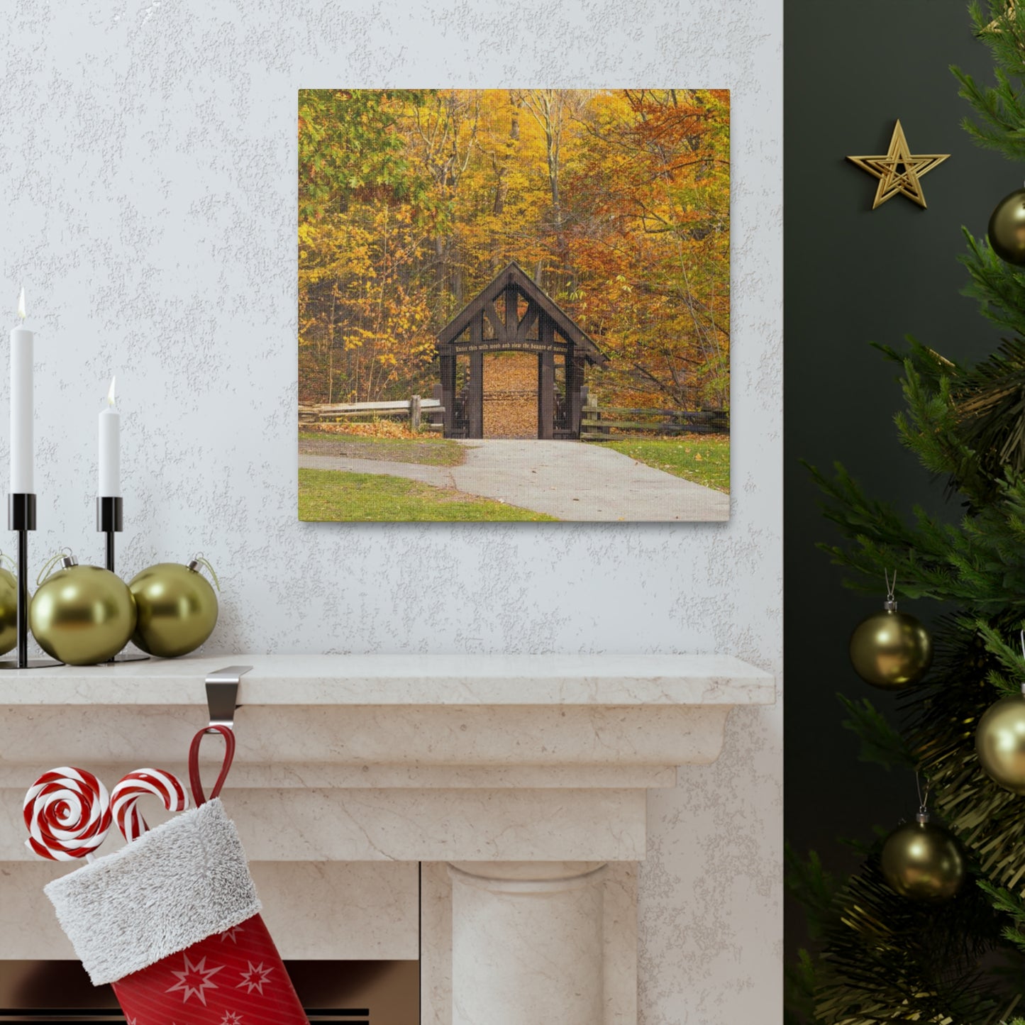 Seven Bridges Trail’s Covered Bridge at Grant Park in South Milwaukee Wisconsin, Photography Canvas Wrap Wall Art