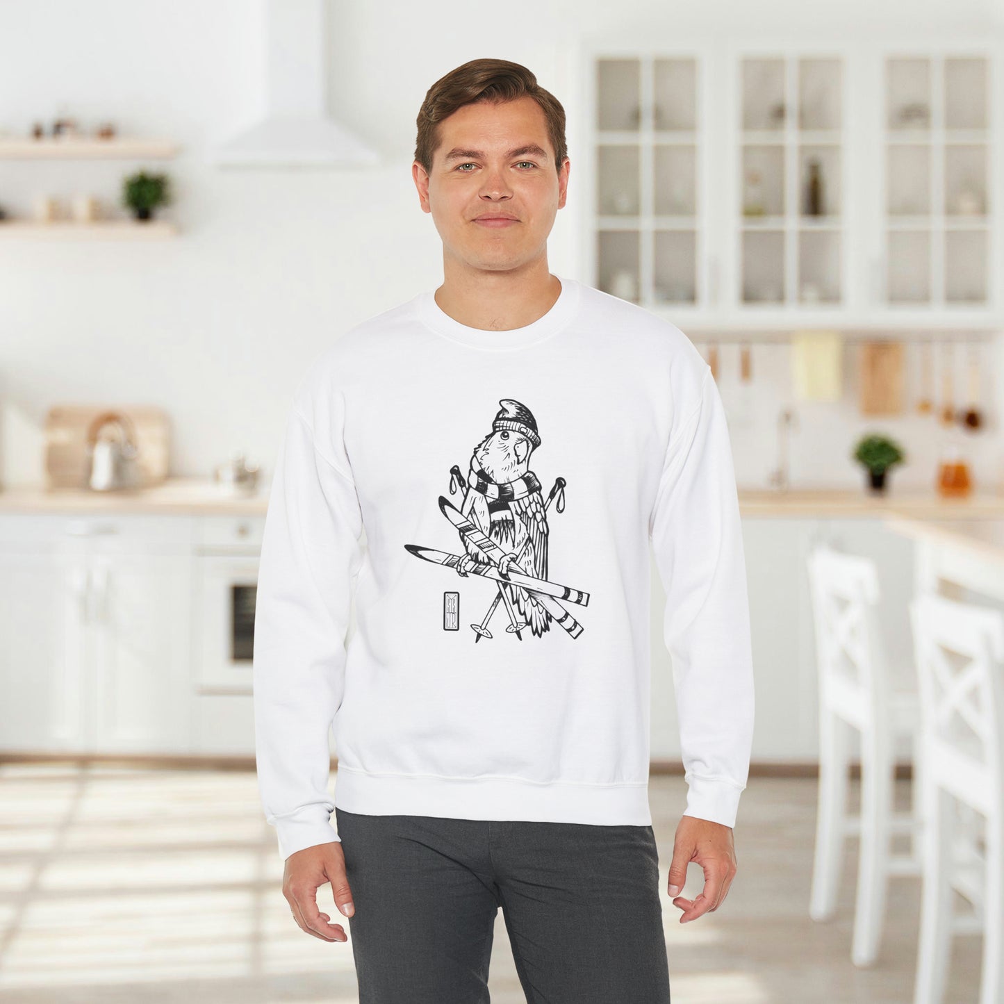 Lovebird Goes Skiing, Line Art Crew Neck Sweatshirt