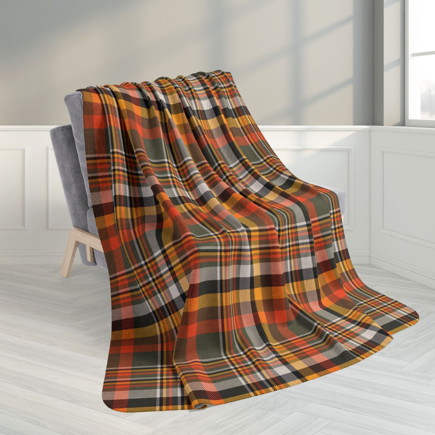 60" × 80" Dark Green, Orange & Gold Elysburg PA Plaid Fleece Sherpa Blanket
