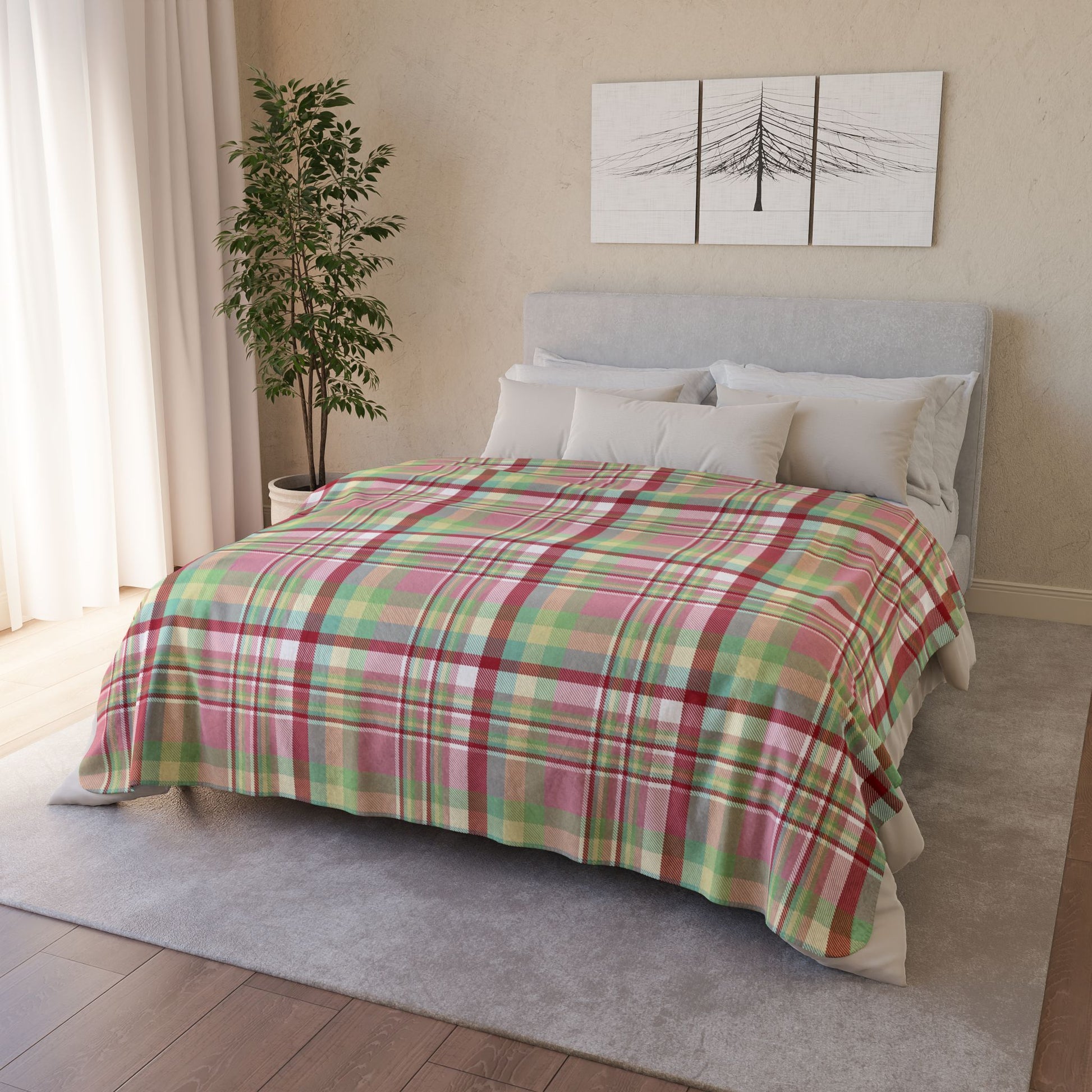 Christmas MCM Pink Plaid Fleece Sherpa Blanket