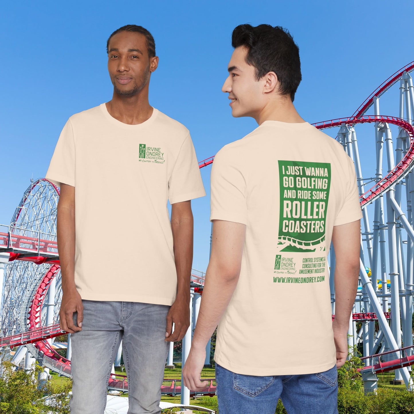 Soft Cream I Just Wanna Go Golfing & Ride Roller Coasters Tee (BACK graphic) • Irvine Ondrey Engineering