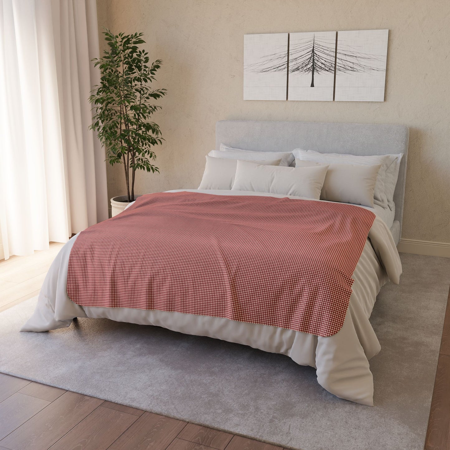 50" × 60" Grey Burgundy & Cream Gingham Fleece Sherpa Blanket