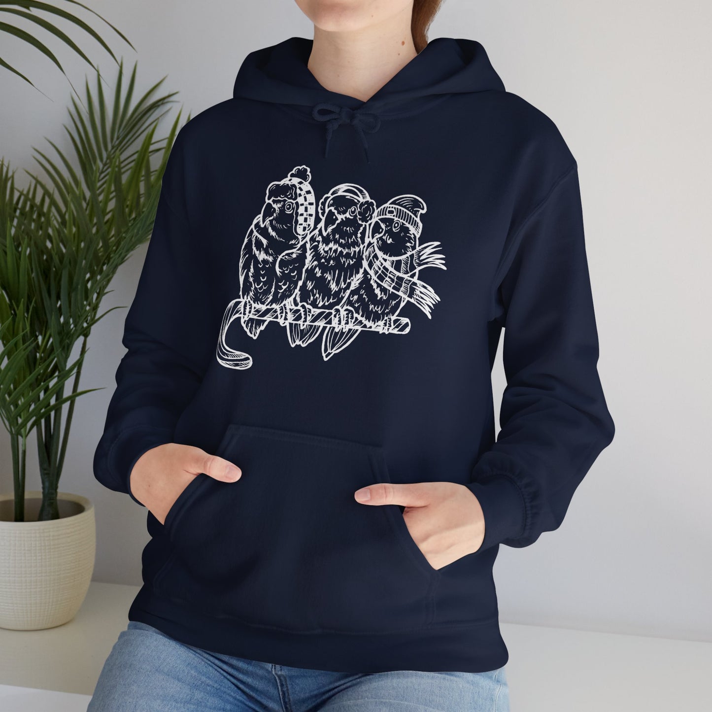 3 Lovebirds with Winter Wear & Perched on a Candy Cane, Line Art Hoodie
