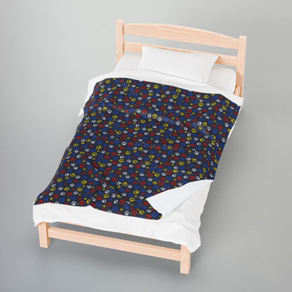Red, Yellow & Blue Ohio Paw Prints Black Velveteen Plush Blanket