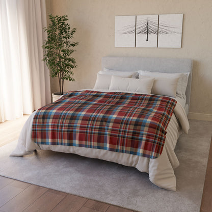 Rustic Red, Cream, Brown & Blue Plaid Fleece Sherpa Blanket