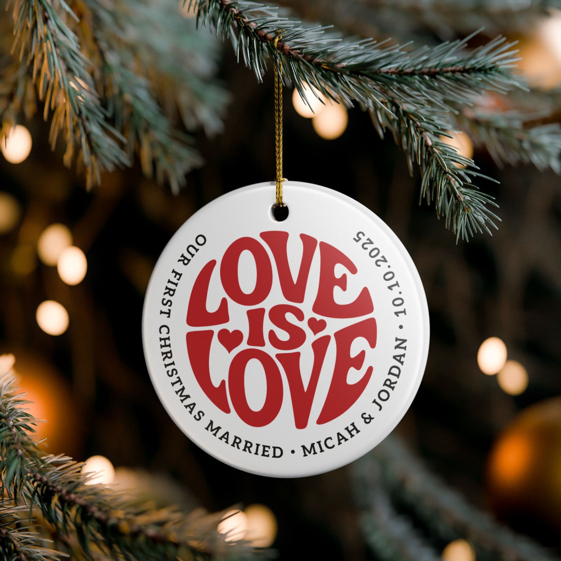 Custom White Ceramic Red Love is Love 2.8" Circle Ornament