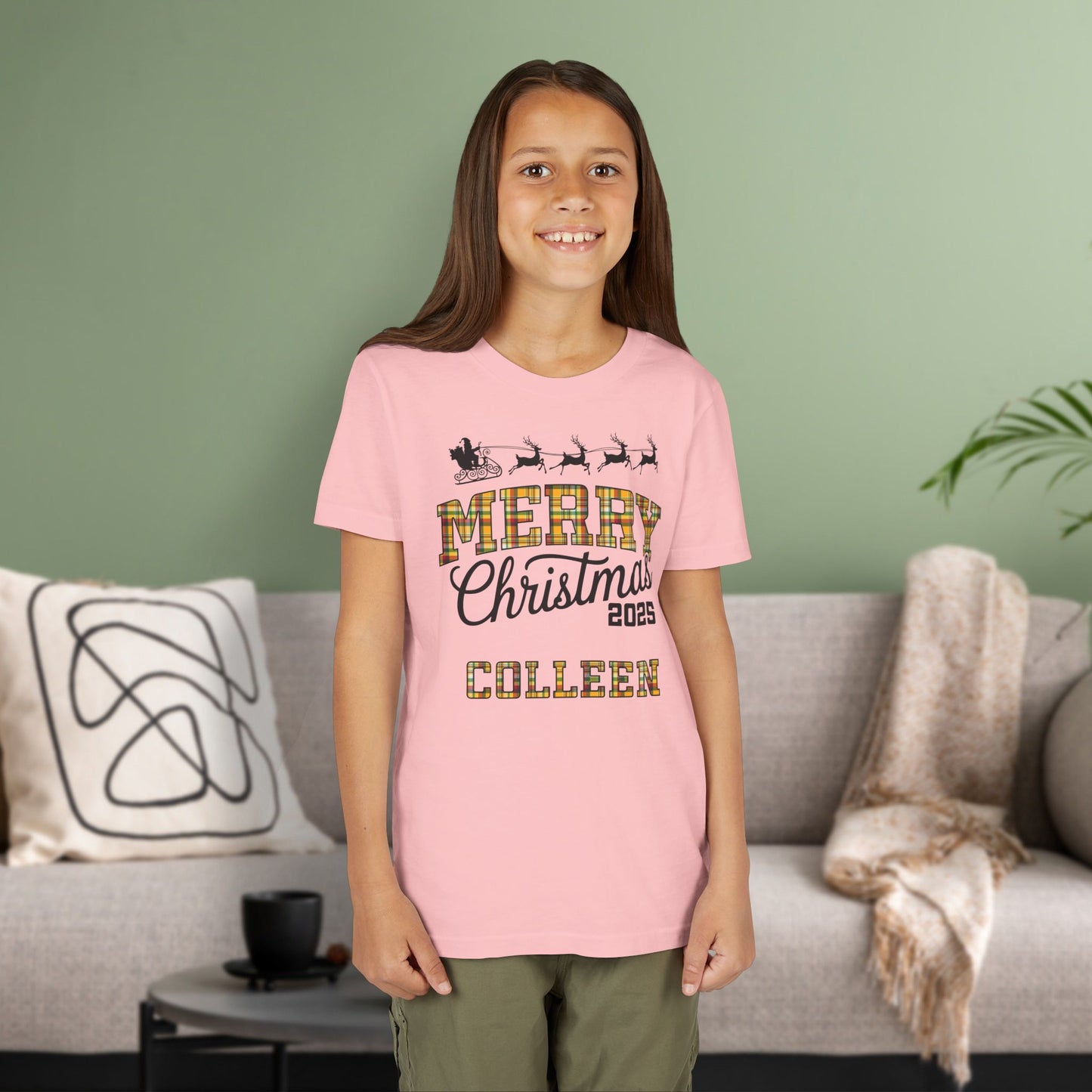Pink Custom Christmas Green & Gold Green Bay WI Plaid Kids Tee Youth Pajama Top