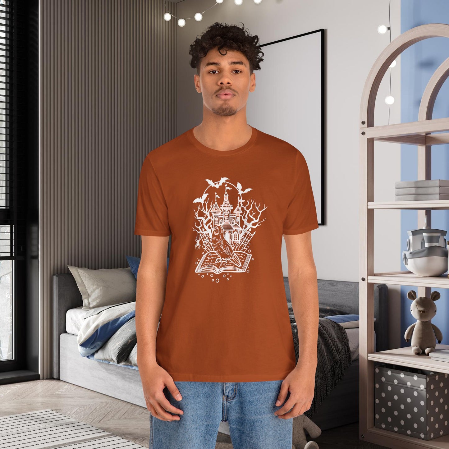 Lovebird on a Spell Book by a Haunted House, Line Art Tee