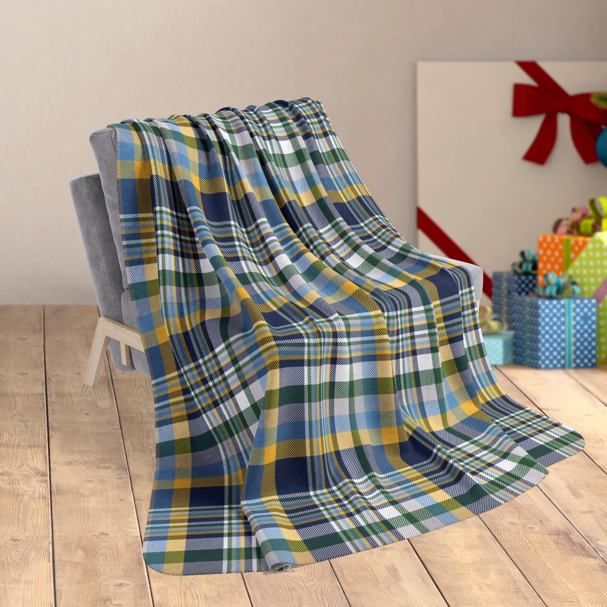 60" × 80" Christmas Blue & Yellow Plaid Milwaukee WI Fleece Sherpa Blanket