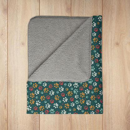 MCM Christmas Paw Prints Teal Fleece Sherpa Blanket