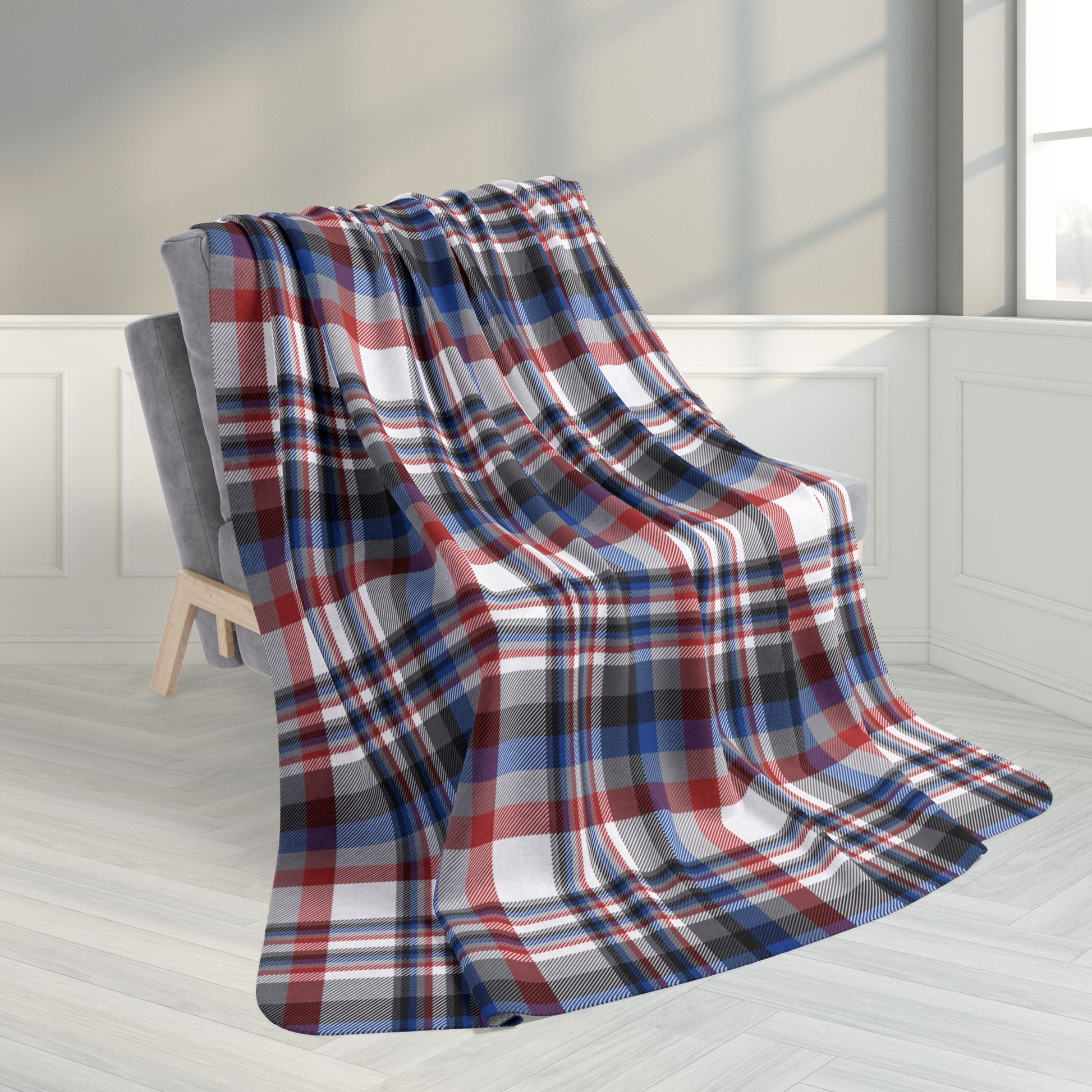 60" × 80" White, Grey, Red & Blue Gurnee IL Plaid Fleece Sherpa Blanket