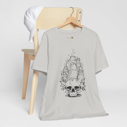 Crazy Scientist Lovebird Sitting on a Skull, Line Art Tee