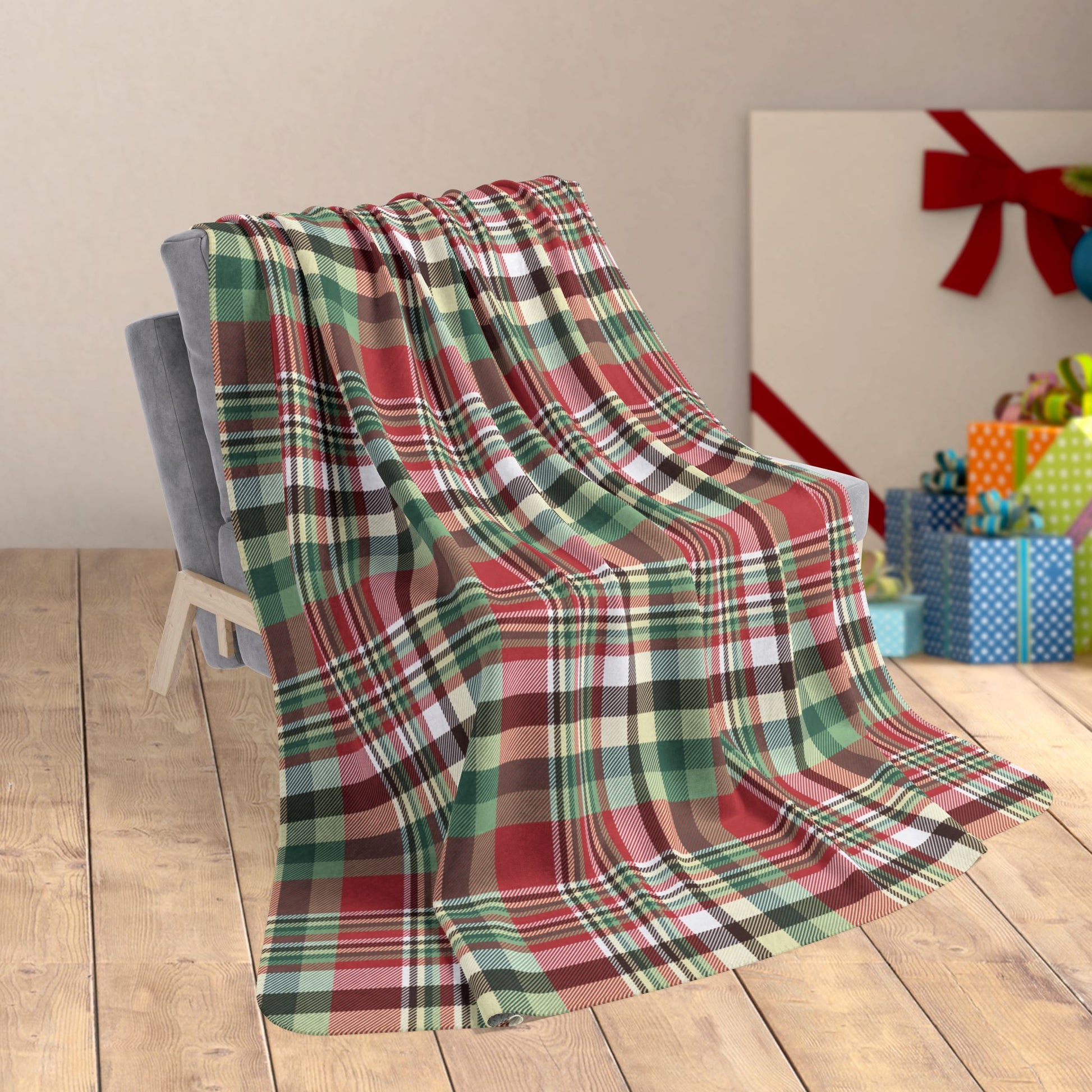 60" × 80" Christmas Maroon & Green Plaid Fleece Sherpa Blanket