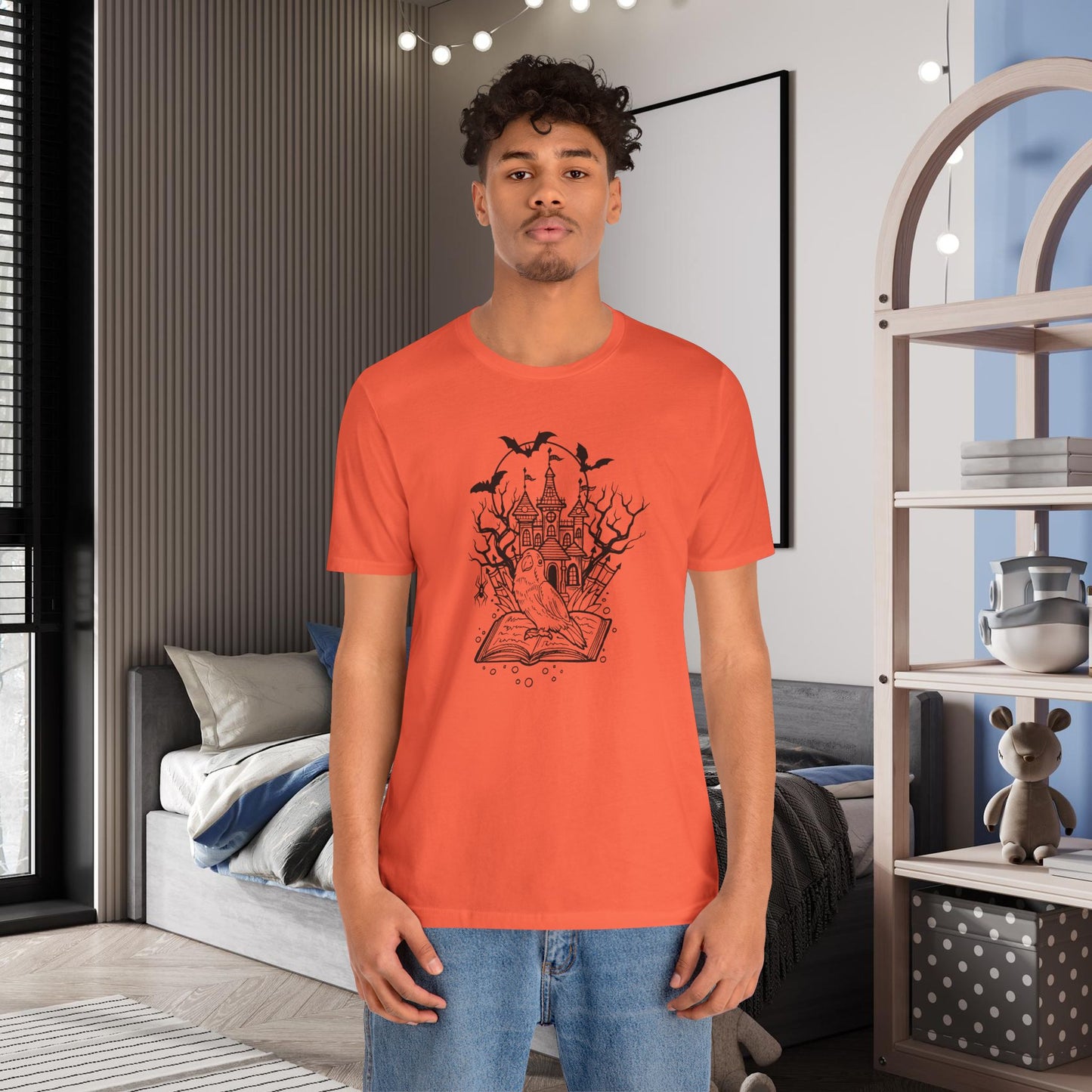 Lovebird on a Spell Book by a Haunted House, Line Art Tee