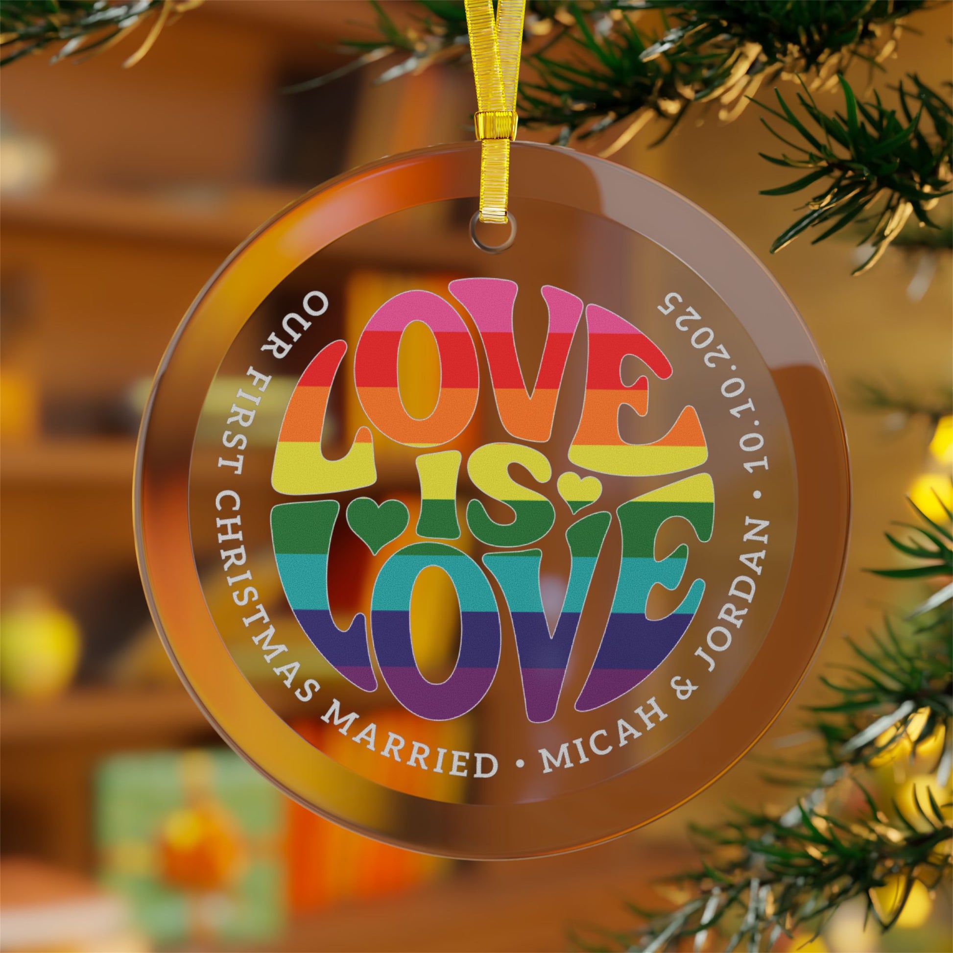 Custom Glass Love is Love Rainbow Gilbert Baker Pride 3.5" Circle Ornaments