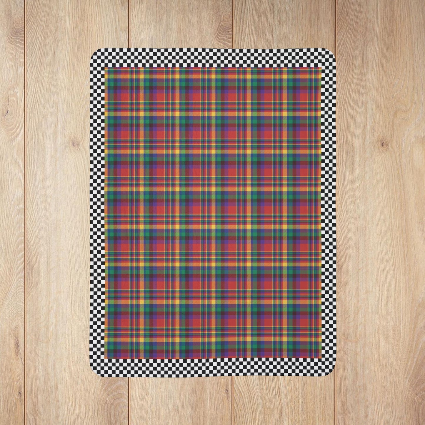 Red, Yellow, Green, Blue & Purple Sandusky OH Plaid with Checkered Edge Fleece Sherpa Blanket