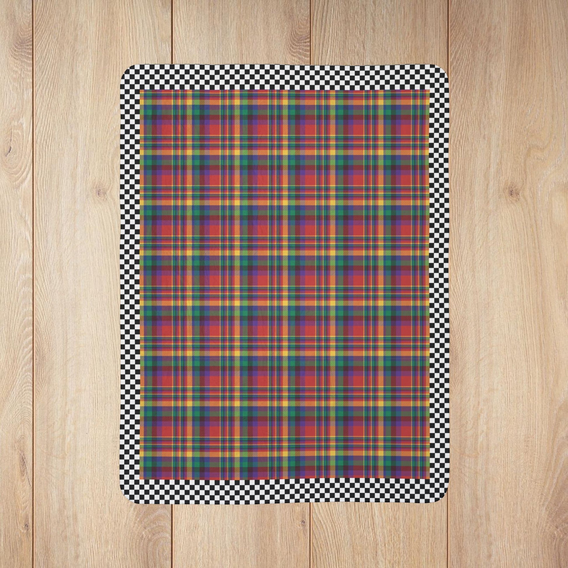Red, Yellow, Green, Blue & Purple Sandusky OH Plaid with Checkered Edge Fleece Sherpa Blanket