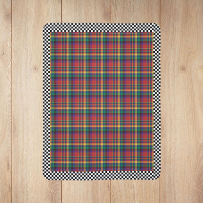 Red, Yellow, Green, Blue & Purple Sandusky OH Plaid with Checkered Edge Fleece Sherpa Blanket