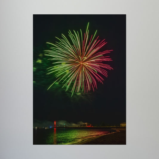 Green & Pink 4th of July Fireworks over Kenosha Pier Light Rolled Poster