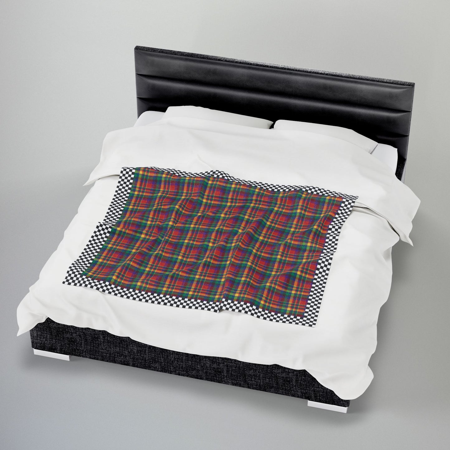Red, Yellow, Green, Blue & Purple Ohio Plaid with Checkered Edge Velveteen Plush Blanket