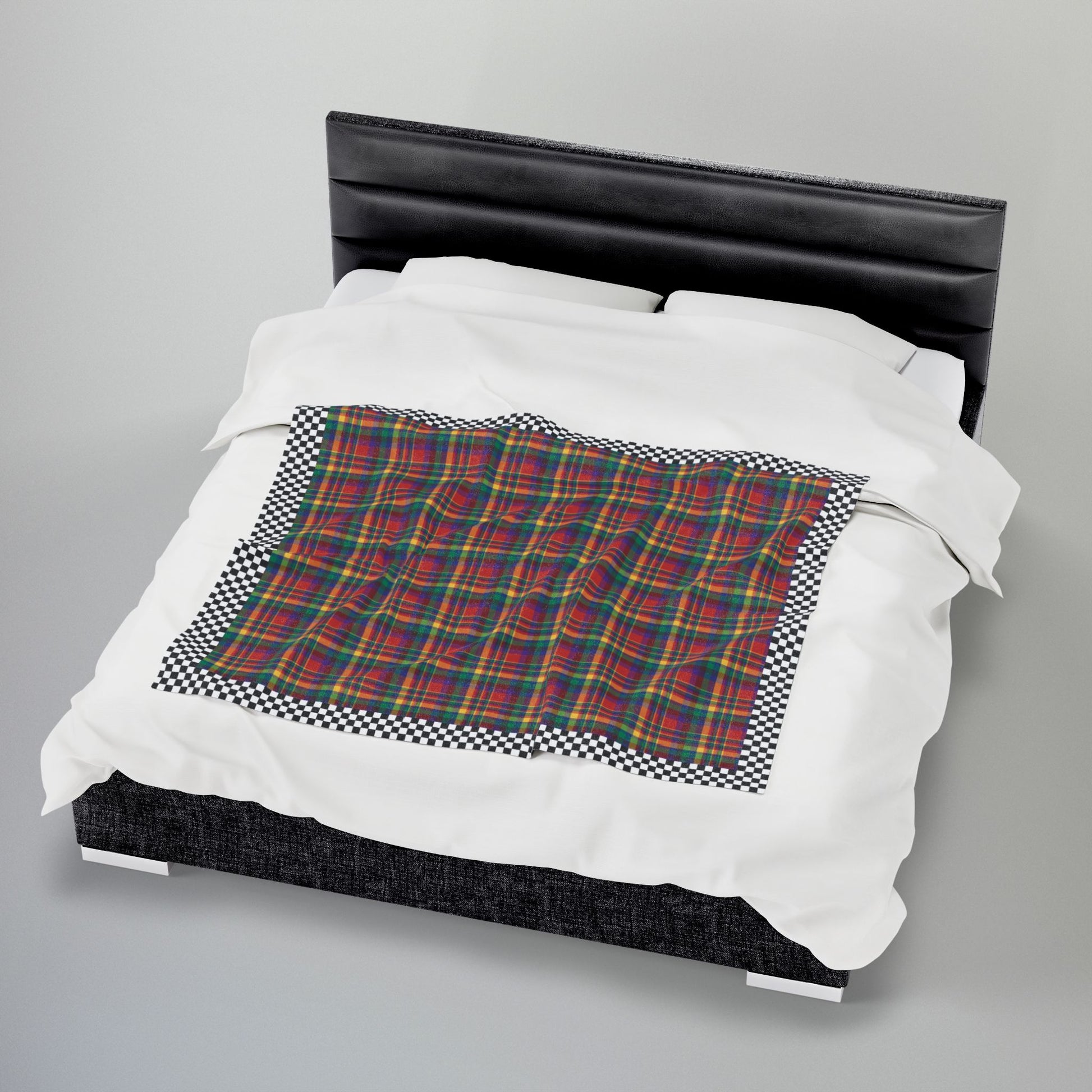 Red, Yellow, Green, Blue & Purple Ohio Plaid with Checkered Edge Velveteen Plush Blanket