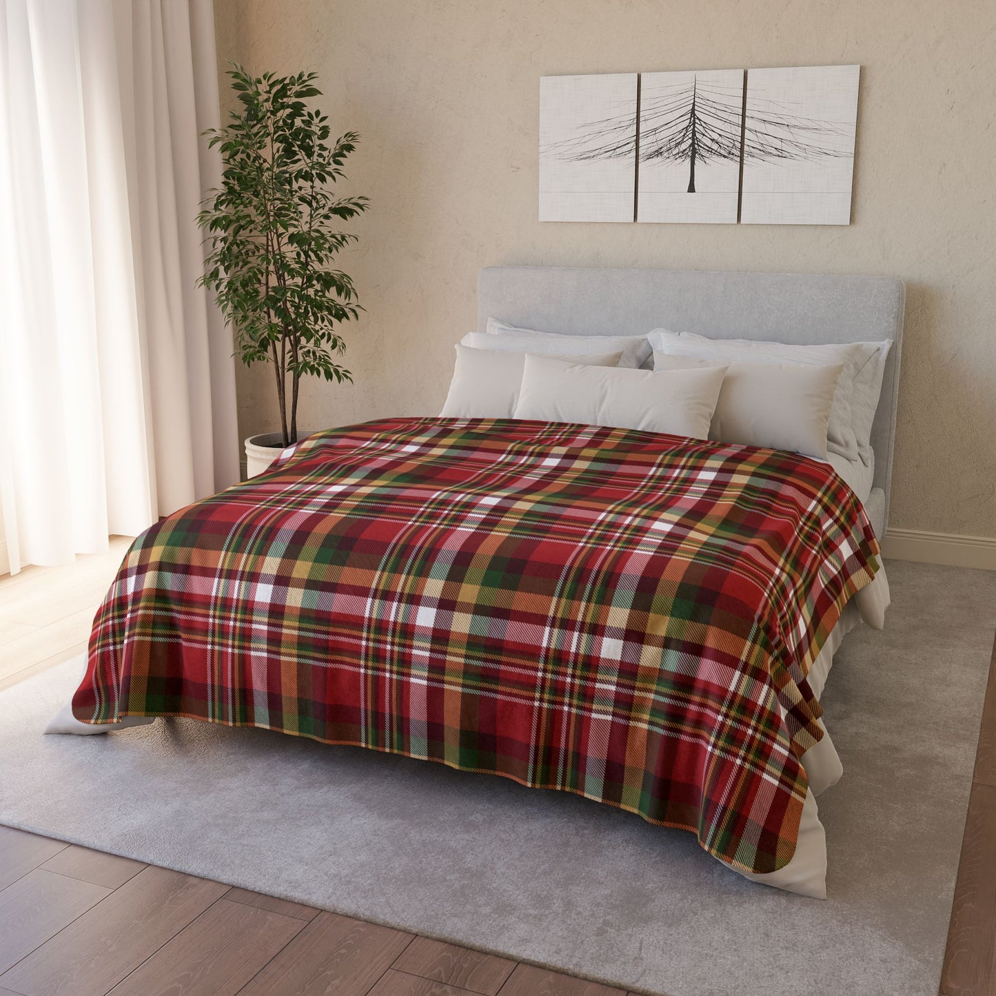 Christmas Red, Green & Gold Rustic Plaid Fleece Sherpa Blanket