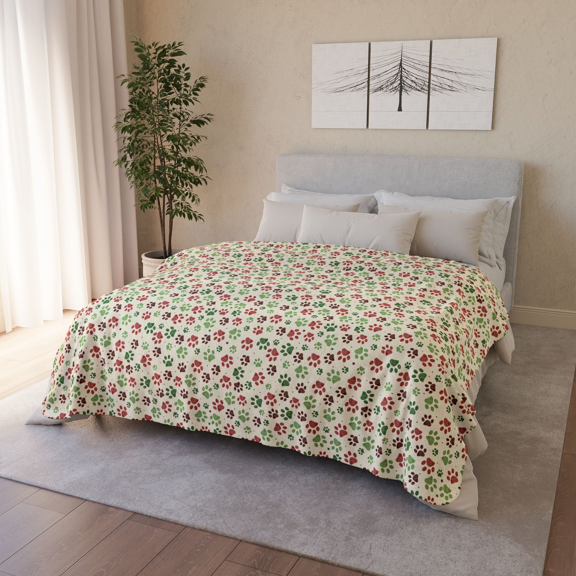 Christmas Paw Prints Cream Fleece Sherpa Blanket