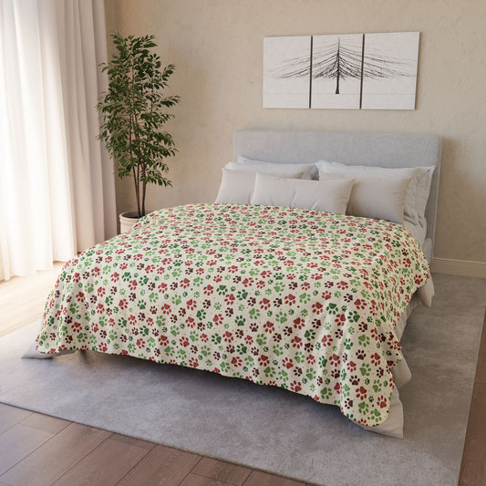 Christmas Paw Prints Cream Fleece Sherpa Blanket