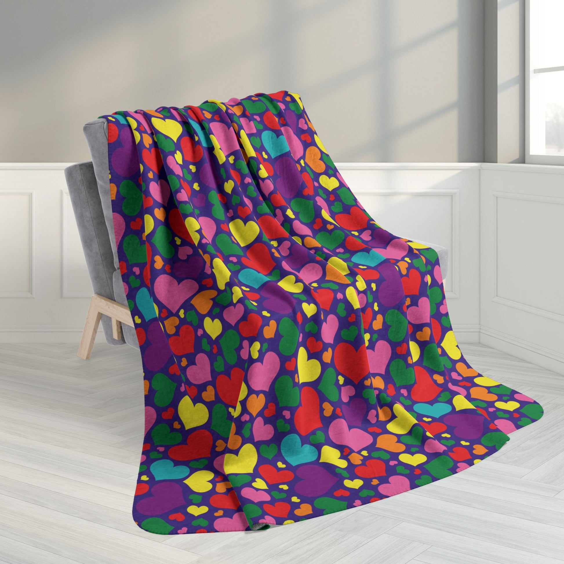 60" × 80" Gilbert Baker Rainbow Pride Valentine’s Day Hearts Blue Fleece Sherpa Blanket