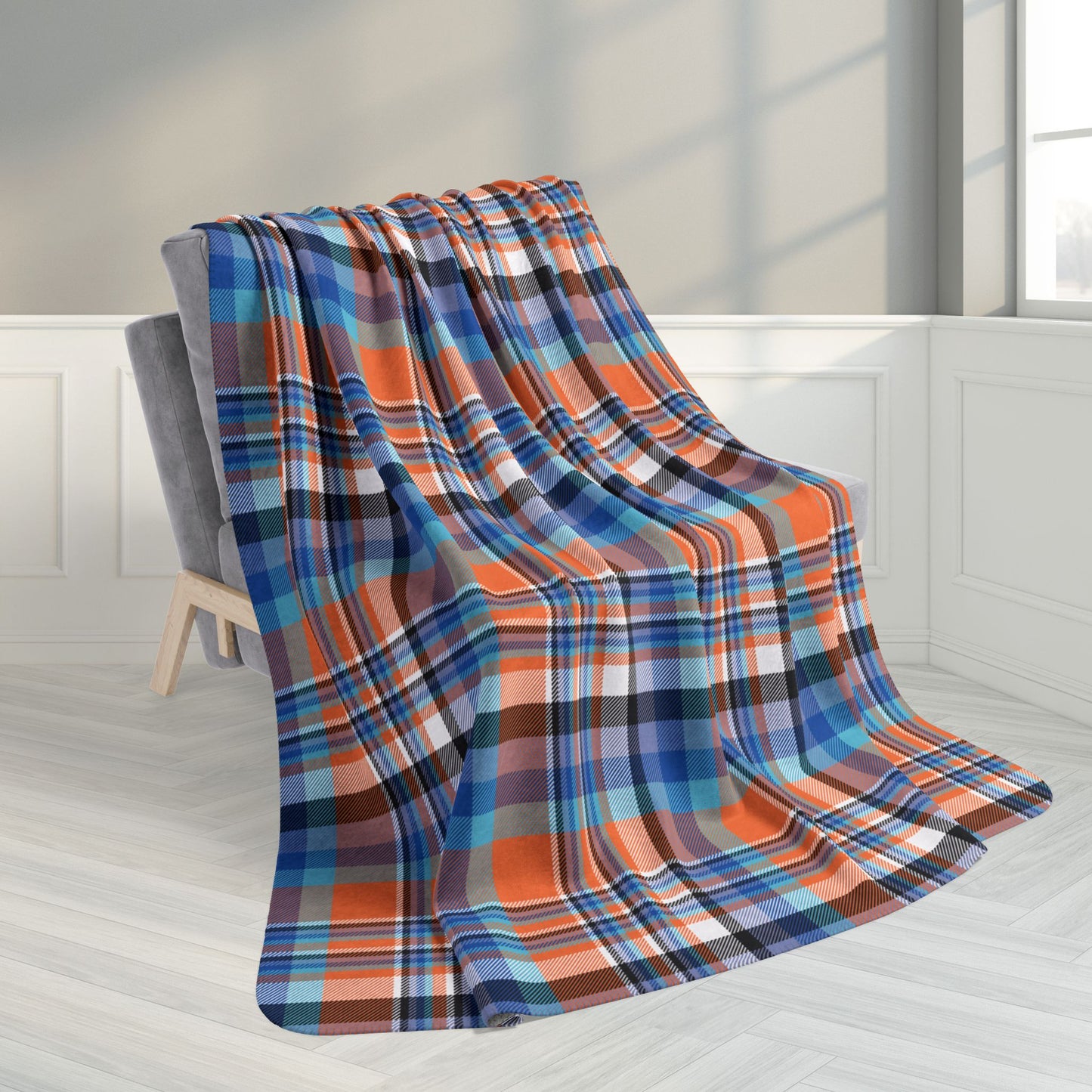 60" × 80" Orange & Blue Sandusky OH Plaid Fleece Sherpa Blanket