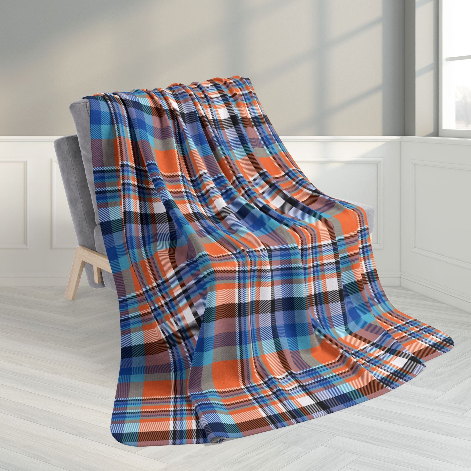 60" × 80" Orange & Blue Sandusky OH Plaid Fleece Sherpa Blanket