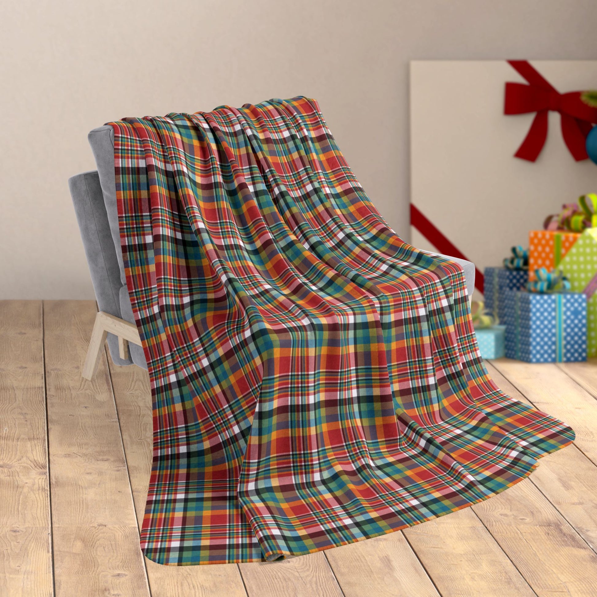 60" × 80" Orange, Blue & Green Ohio Plaid Red Fleece Sherpa Blanket