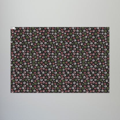 29'' x 20" Matte Christmas Pink, Green & White Paw Print Black Gift Wrapping Paper Roll