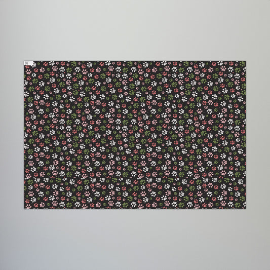 29'' x 20" Matte Christmas Pink, Green & White Paw Print Black Gift Wrapping Paper Roll