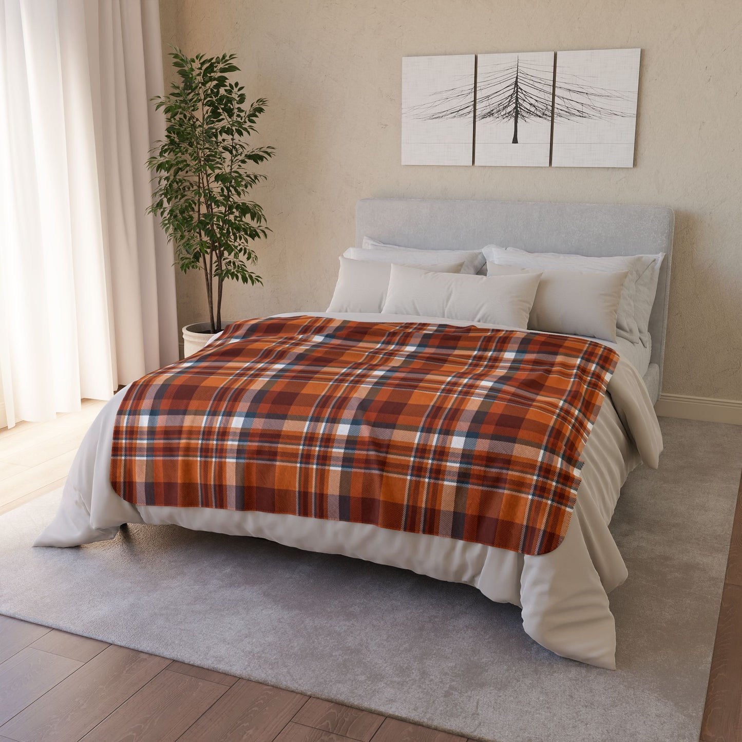 50" × 60" Beige Autumn Blue Plaid Fleece Sherpa Blanket