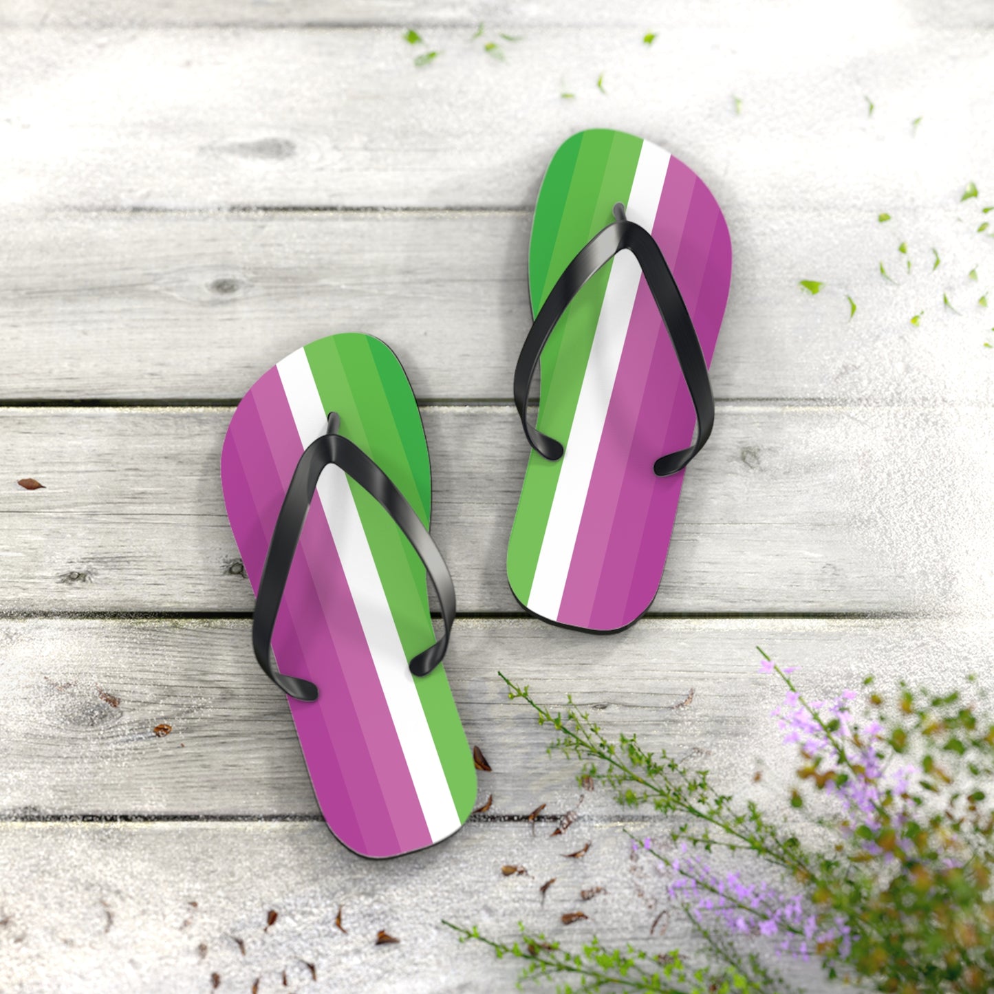 M Black sole Petalsexual Pride Flip Flops