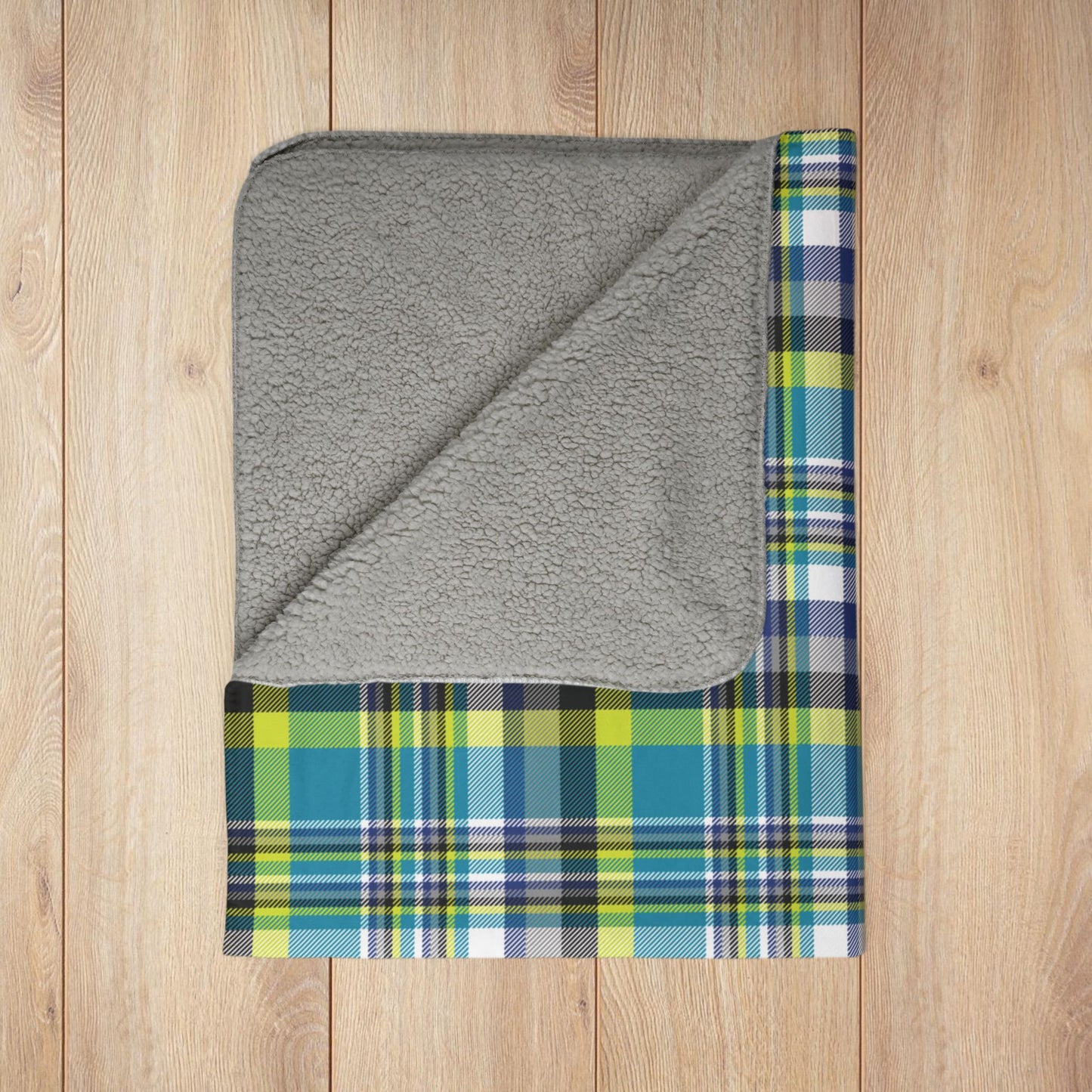 Teal & Neon Green Charlotte NC & Fort Mill SC Plaid Fleece Sherpa Blanket