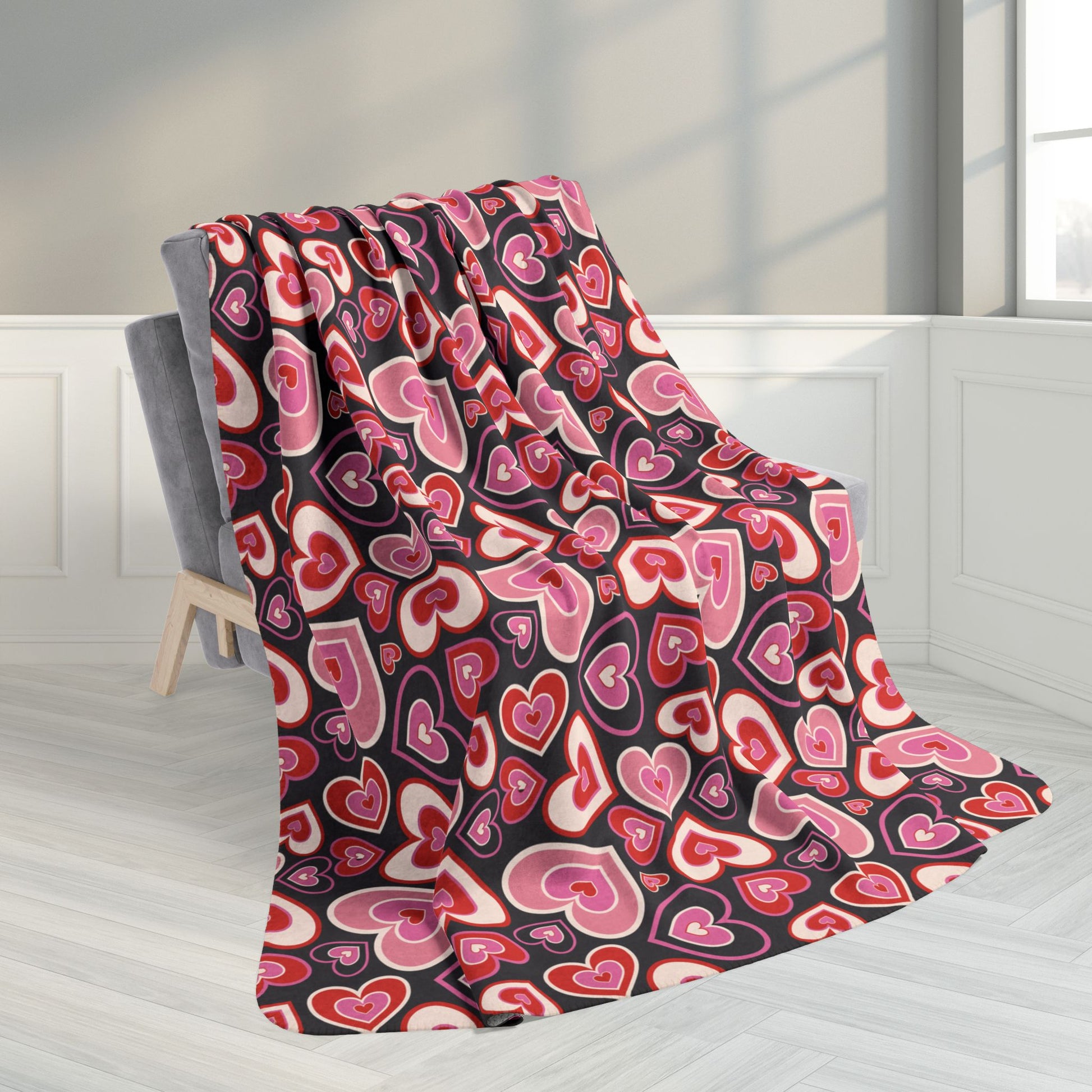 60" × 80" Retro Hearts Valentine’s Day Dark Grey Fleece Sherpa Blanket