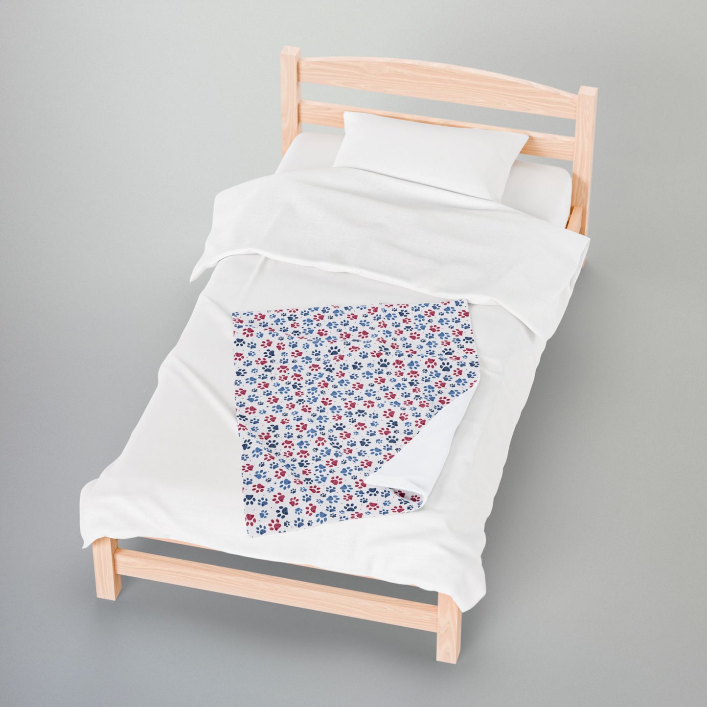 America U.S.A. Red, White & Blue Paw Prints Light Grey Velveteen Plush Blanket