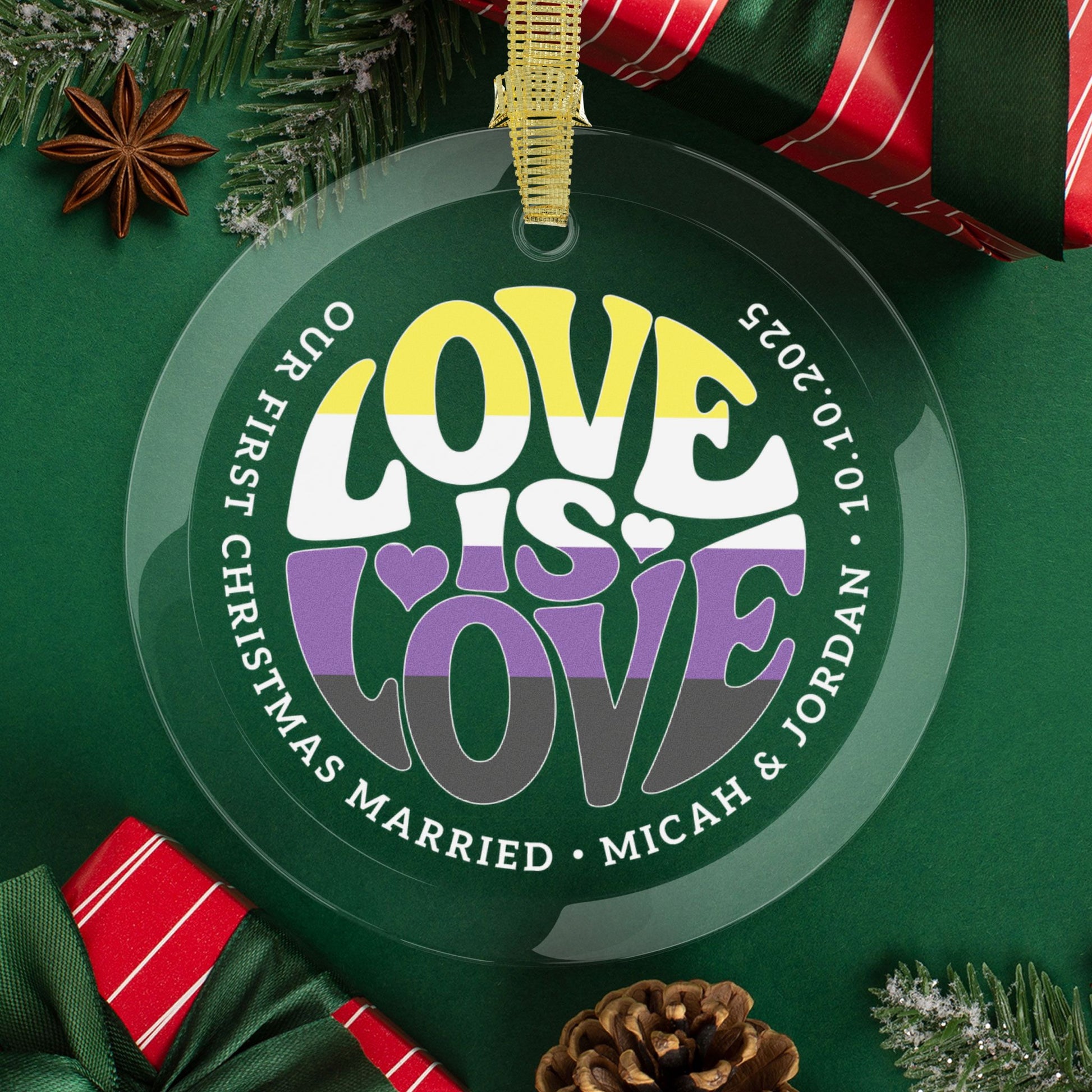Round One Size Custom Glass Love is Love Non-Binary Pride 3.5" Circle Ornaments