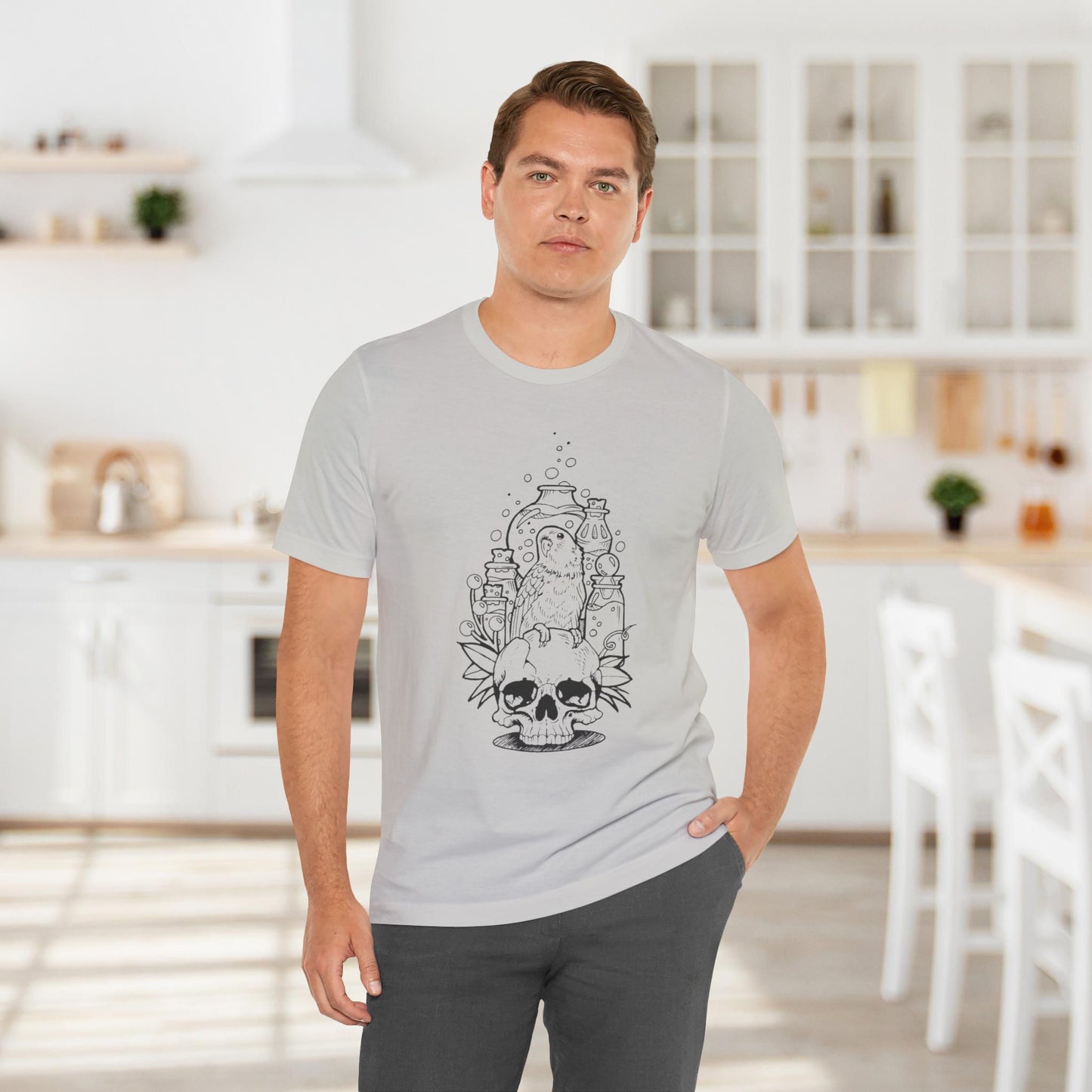 Crazy Scientist Lovebird Sitting on a Skull, Line Art Tee