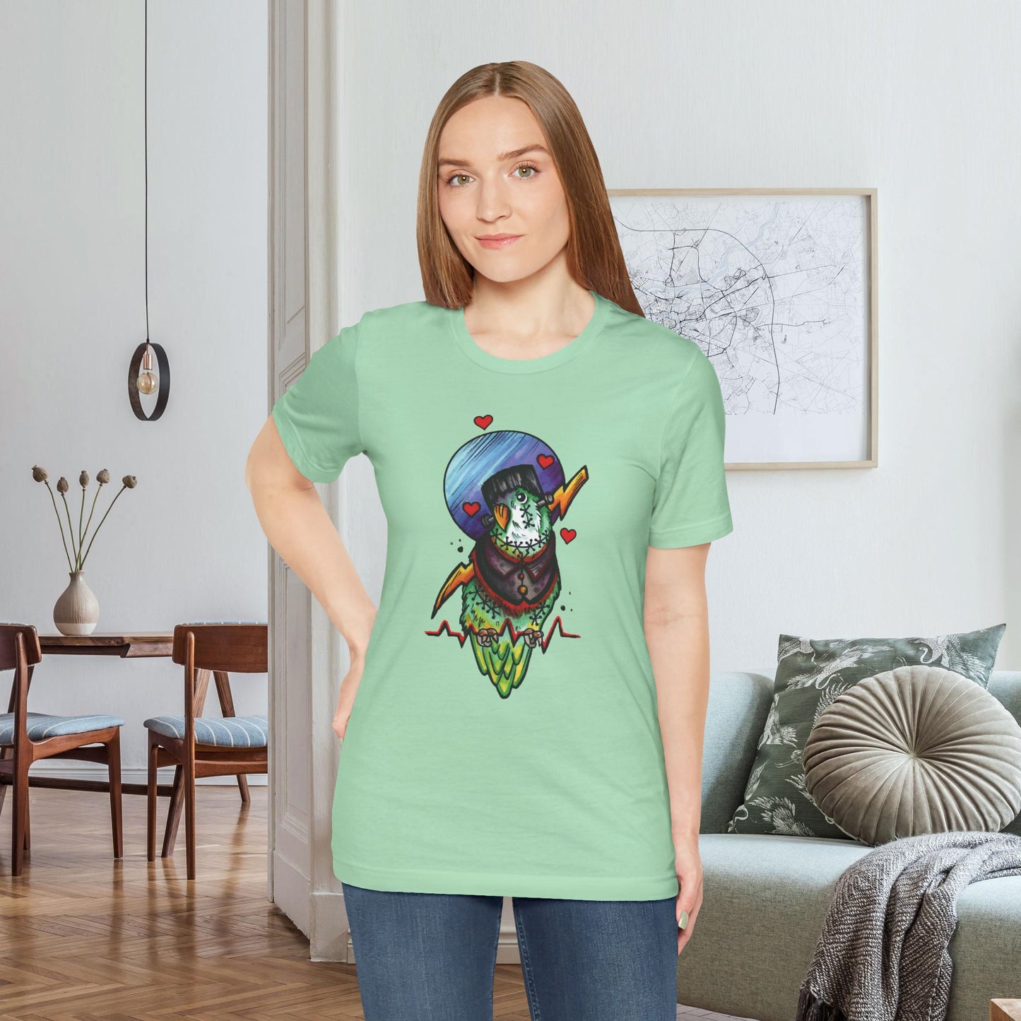 Frankenstein Lovebird, Hand-Drawn & Hand-Colored Tee