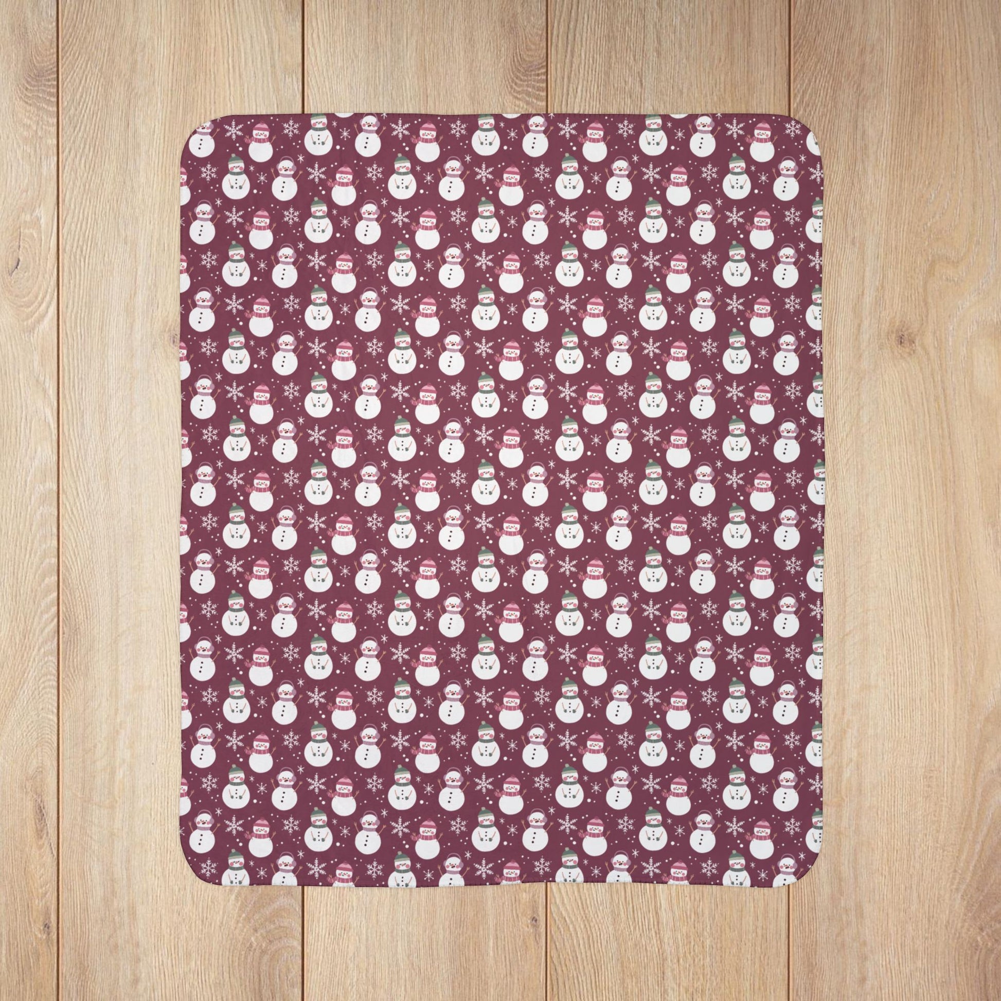 Christmas Pink & Green Snowman Mauve Fleece Sherpa Blanket