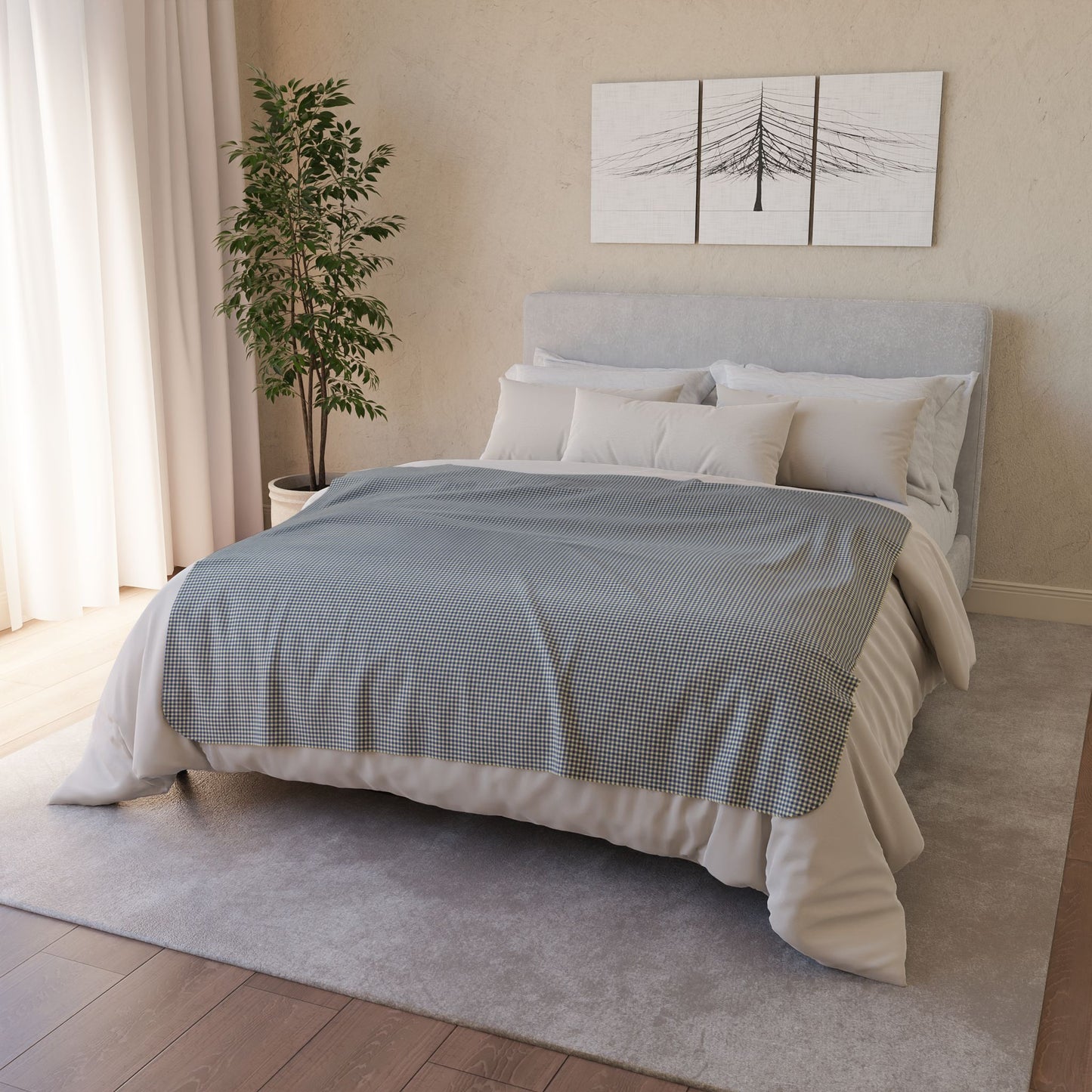 50" × 60" Grey Blueberry & Cream Gingham Fleece Sherpa Blanket