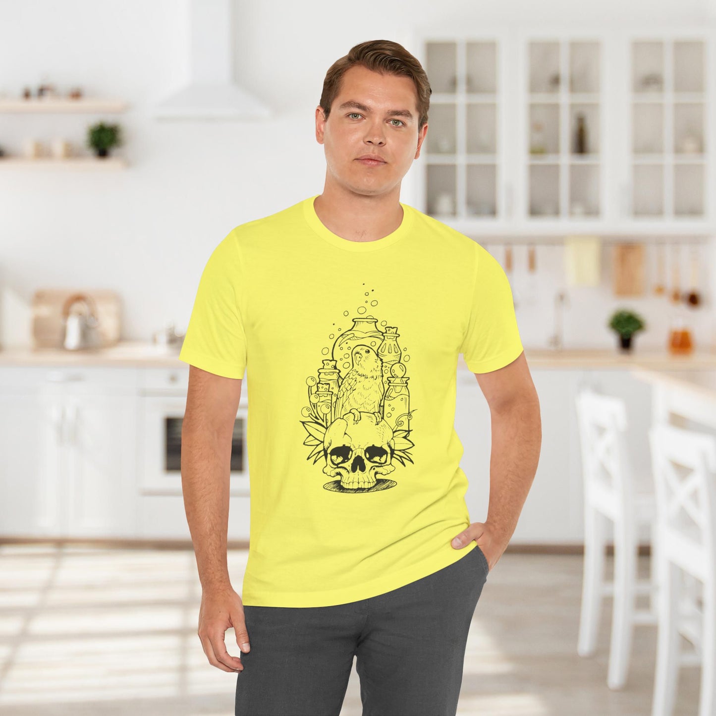 Crazy Scientist Lovebird Sitting on a Skull, Line Art Tee