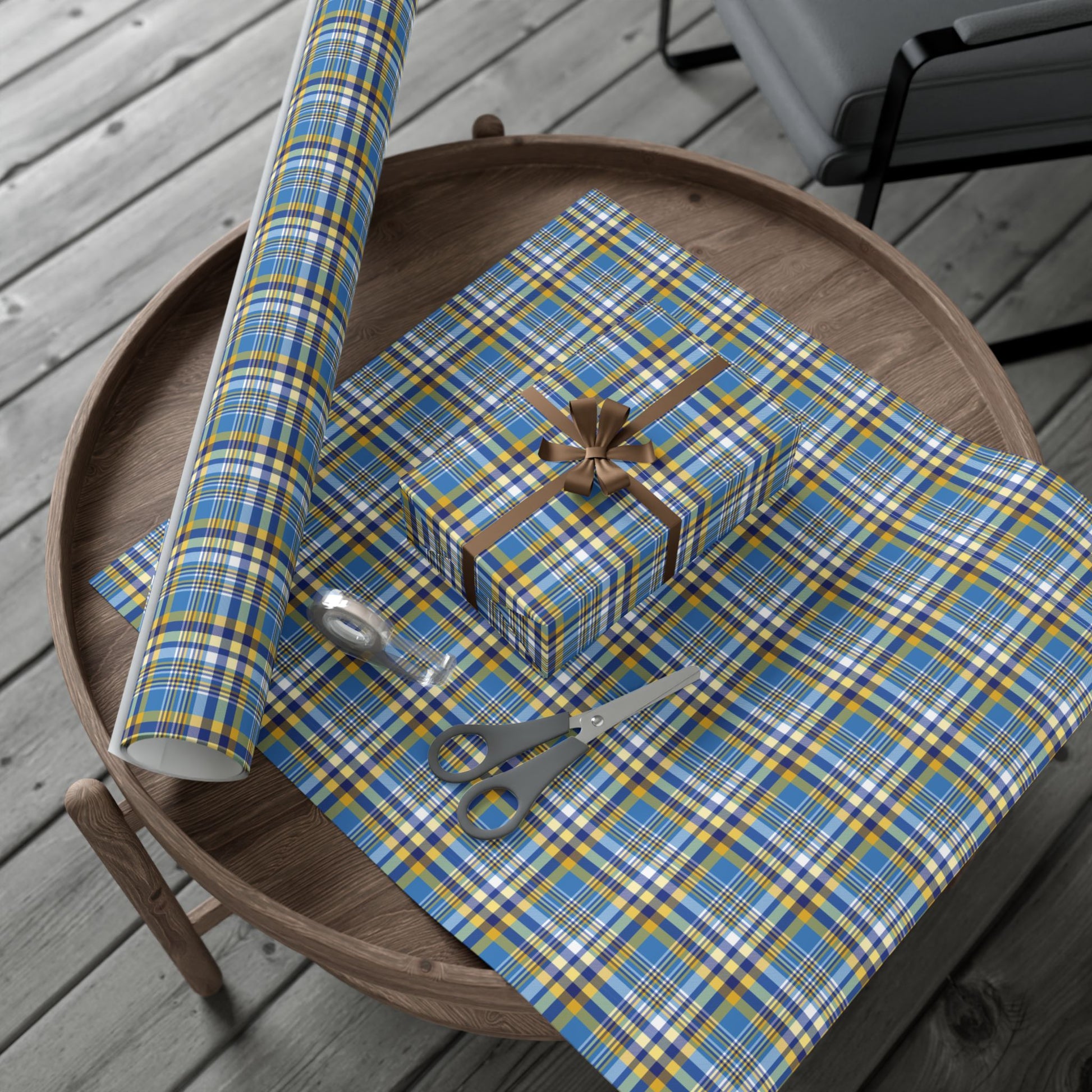 Hannukah Navy Blue, Light Blue, White & Gold Plaid Gift Wrapping Paper Roll