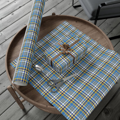 Hannukah Navy Blue, Light Blue, White & Gold Plaid Gift Wrapping Paper Roll